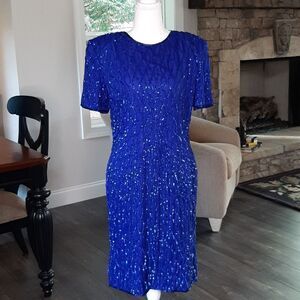 American Night Blue Silk with Sequins Formal Dress